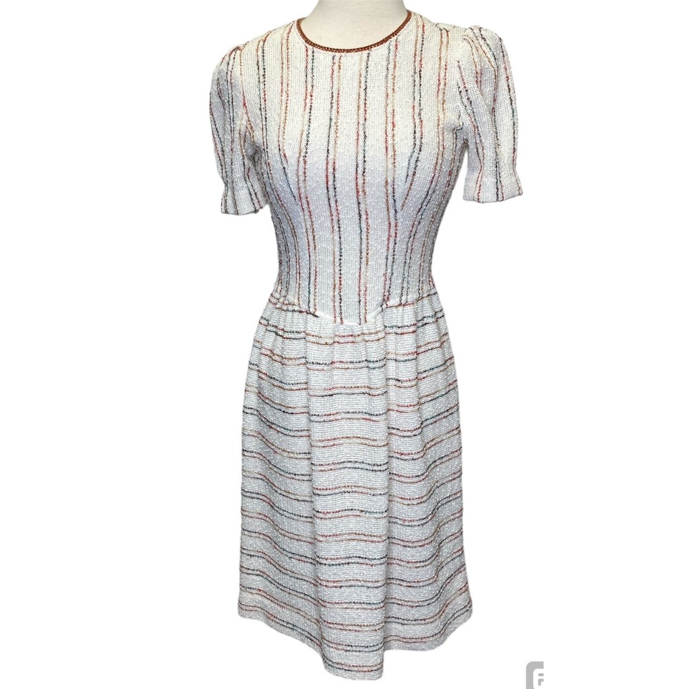 Vtg 70s 80s‎ Day Dress Rainbow Sz 6 Small Nubby Fabric Stripe Resort Cream Woven
